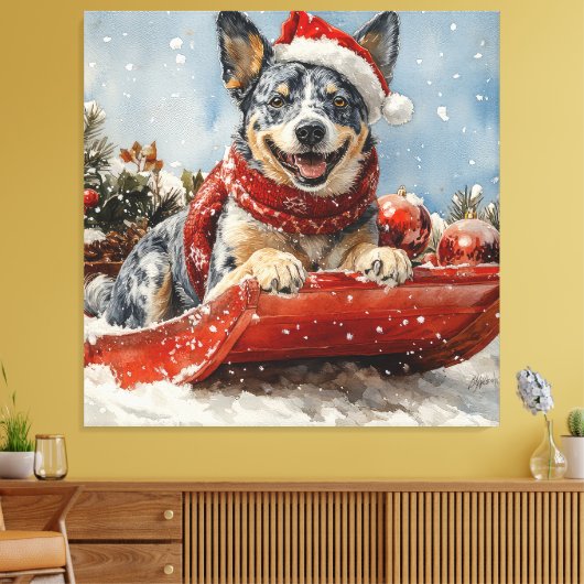 Blue Heeler Hond in Sledge Laat het Sneeuw Kerstmi Canvas Afdruk (Insitu (Woonkamer))