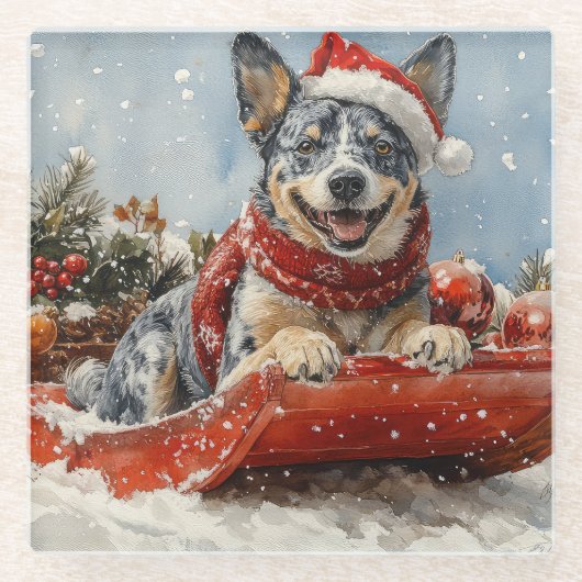 Blue Heeler Hond in Sledge Laat het Sneeuw Kerstmi Glazen Onderzetter (Voorkant)