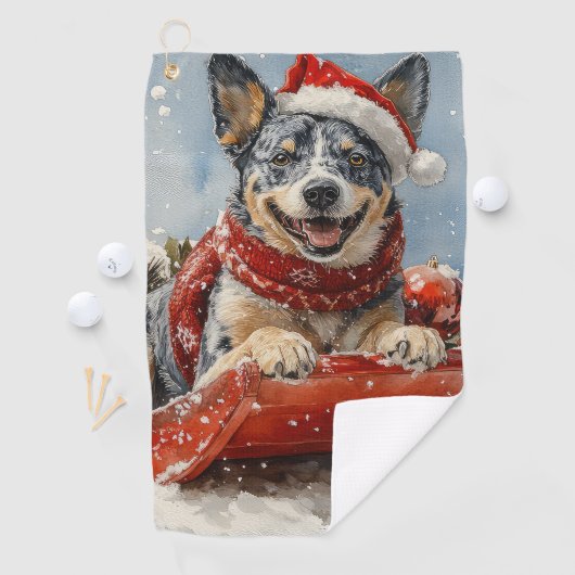 Blue Heeler Hond in Sledge Laat het Sneeuw Kerstmi Golfhanddoek (Insitu)