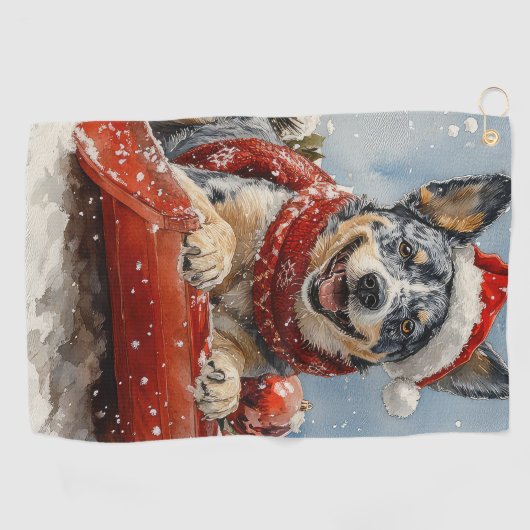 Blue Heeler Hond in Sledge Laat het Sneeuw Kerstmi Golfhanddoek (Horizontaal)