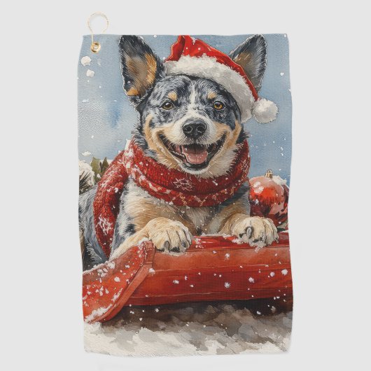 Blue Heeler Hond in Sledge Laat het Sneeuw Kerstmi Golfhanddoek (Voorkant)