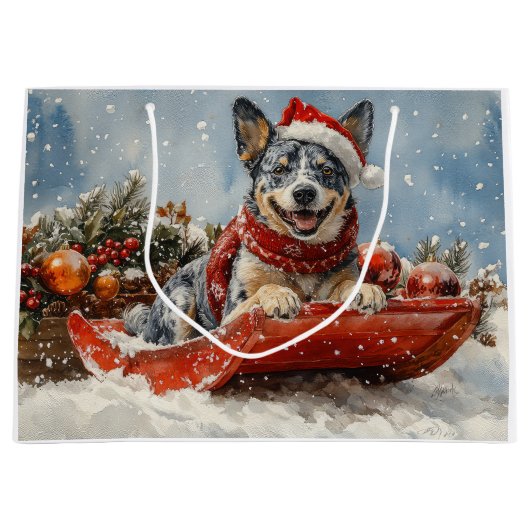 Blue Heeler Hond in Sledge Laat het Sneeuw Kerstmi Groot Cadeauzakje (Voorkant)