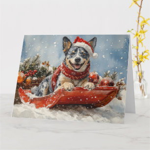 Blue Heeler Hond in Sledge Laat het Sneeuw Kerstmi Kaart