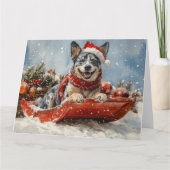 Blue Heeler Hond in Sledge Laat het Sneeuw Kerstmi Kaart (Voorkant)