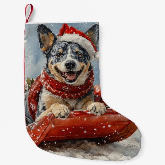 Blue Heeler Hond in Sledge Laat het Sneeuw Kerstmi Kleine Kerstsok (Voorkant)