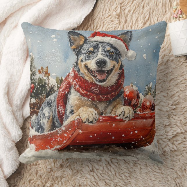Blue Heeler Hond in Sledge Laat het Sneeuw Kerstmi Kussen (Deken)