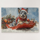 Blue Heeler Hond in Sledge Laat het Sneeuw Kerstmi Legpuzzel (Horizontaal)