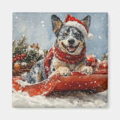 Blue Heeler Hond in Sledge Laat het Sneeuw Kerstmi Magneet (Voorkant)