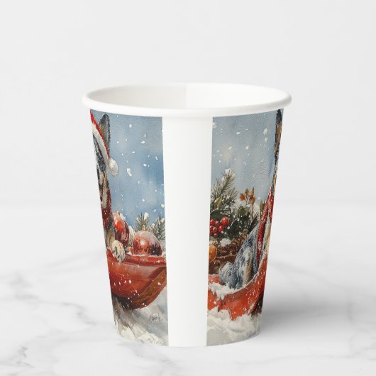 Blue Heeler Hond in Sledge Laat het Sneeuw Kerstmi Papieren Bekers (Links)