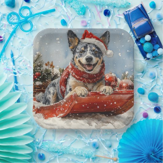 Blue Heeler Hond in Sledge Laat het Sneeuw Kerstmi Papieren Bordje (Feest)