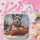 Blue Heeler Hond in Sledge Laat het Sneeuw Kerstmi Papieren Bordje (Feest)