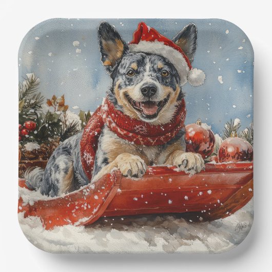 Blue Heeler Hond in Sledge Laat het Sneeuw Kerstmi Papieren Bordje (Voorkant)