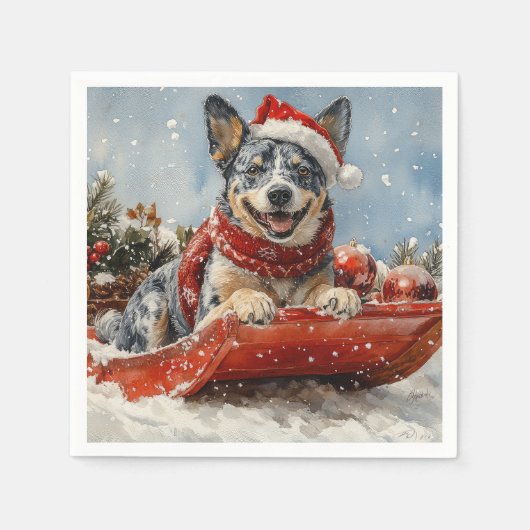 Blue Heeler Hond in Sledge Laat het Sneeuw Kerstmi Servet (Voorkant)