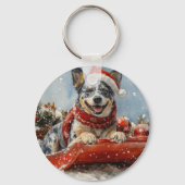 Blue Heeler Hond in Sledge Laat het Sneeuw Kerstmi Sleutelhanger (Voorkant)