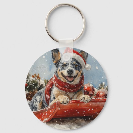Blue Heeler Hond in Sledge Laat het Sneeuw Kerstmi Sleutelhanger (Voorkant)