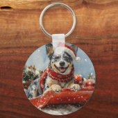 Blue Heeler Hond in Sledge Laat het Sneeuw Kerstmi Sleutelhanger (Achterkant)