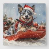 Blue Heeler Hond in Sledge Laat het Sneeuw Kerstmi Vierkante Klok (Voorkant)