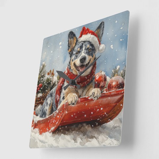 Blue Heeler Hond in Sledge Laat het Sneeuw Kerstmi Vierkante Klok (Hoek)