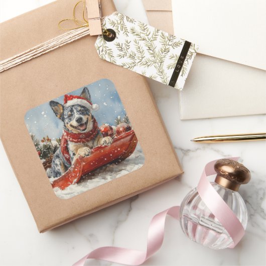 Blue Heeler Hond in Sledge Laat het Sneeuw Kerstmi Vierkante Sticker (Geschenken)