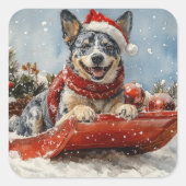 Blue Heeler Hond in Sledge Laat het Sneeuw Kerstmi Vierkante Sticker (Voorkant)