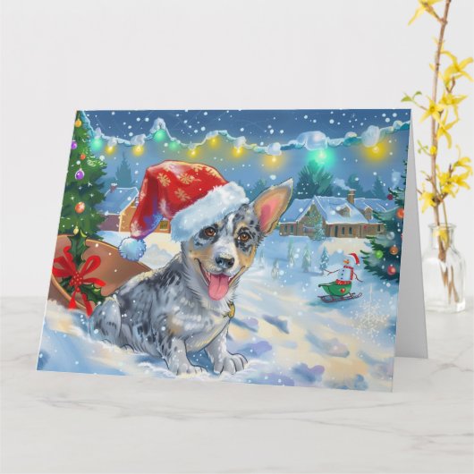 Blue Heeler Hond in Sleigh Sneeuw Kerstmis Kaart (Gele Bloem)