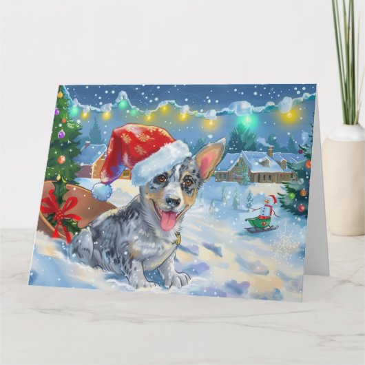Blue Heeler Hond in Sleigh Sneeuw Kerstmis Kaart (Voorkant)