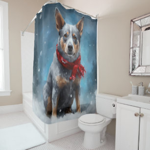 Blue Heeler Hond in Sneeuw Kerstmis Douchegordijn