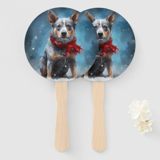 Blue Heeler Hond in Sneeuw Kerstmis Handwaaier (Voorkant en achterkant)