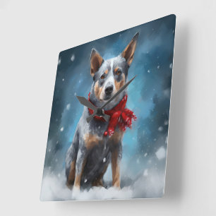 Blue Heeler Hond in Sneeuw Kerstmis Vierkante Klok