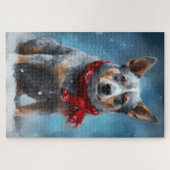 Blue Heeler-hond in sneeuw met Kerstmis  Legpuzzel (Horizontaal)