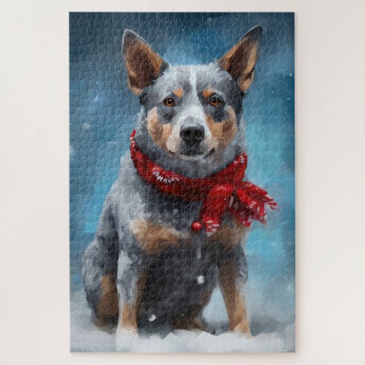 Blue Heeler-hond in sneeuw met Kerstmis  Legpuzzel (Verticaal)