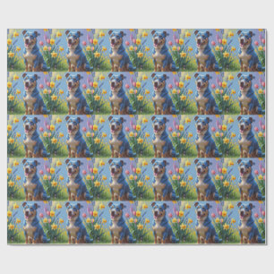Blue Heeler-hond lente bloemen schilderij Cadeaupapier
