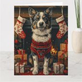 Blue Heeler-hond met kerstcadeaus open haard Kaart (Voorkant)