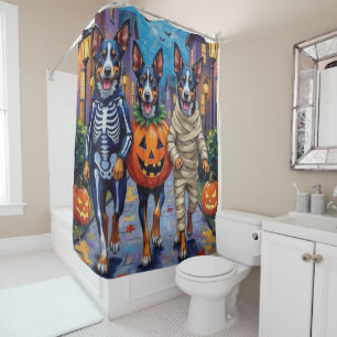 Blue Heeler Honden Trick-or-Treating in Halloween Douchegordijn
