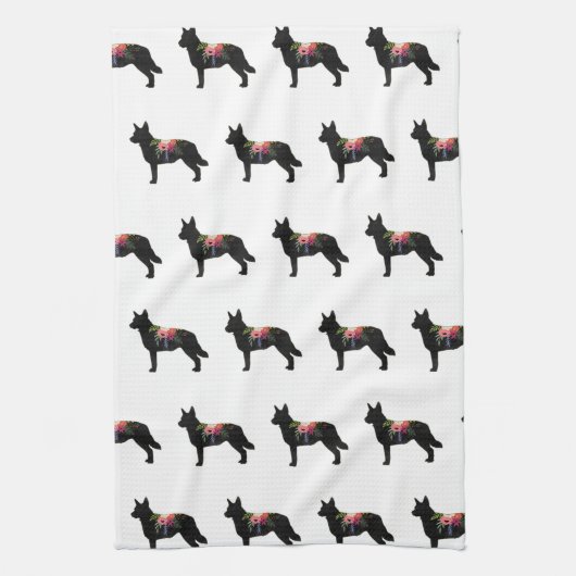 Blue Heeler Hondenras Boho Floral Silhouette Theedoek (Verticaal)