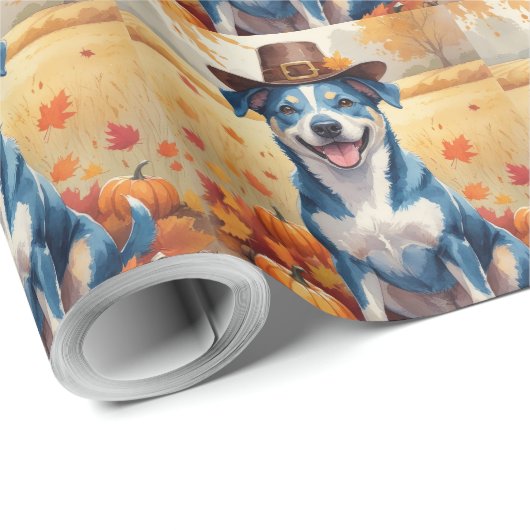 Blue Heeler in Autumn verlaat Thanksgiving Cadeaupapier (Rol Hoek)
