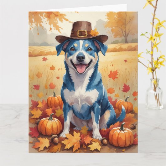 Blue Heeler in Autumn verlaat Thanksgiving Kaart (Gele Bloem)
