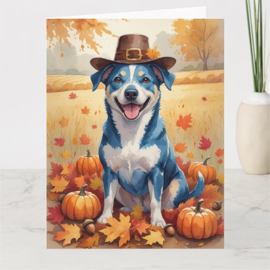 Blue Heeler in Autumn verlaat Thanksgiving Kaart (Voorkant)