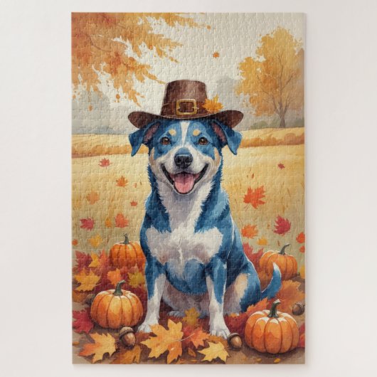 Blue Heeler in Herfstbladeren Thanksgiving Kunst Legpuzzel (Verticaal)