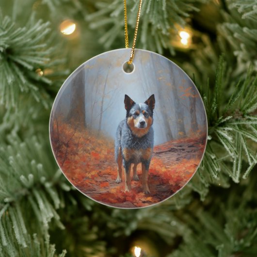 Blue Heeler in herfstbladeren valt inspireren Keramisch Ornament (Boom)