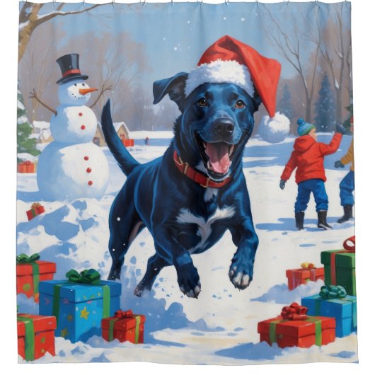 Blue Heeler Kerstfeest Sneeuwscène Douchegordijn (Voorkant)