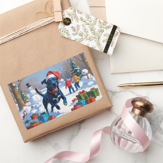 Blue Heeler Kerstfeest Sneeuwscène Rechthoekige Sticker (Geschenken)