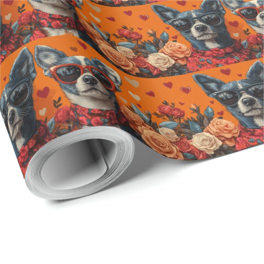 Blue Heeler met hart Rozen Valentijnsdag Cadeaupapier (Rol Hoek)