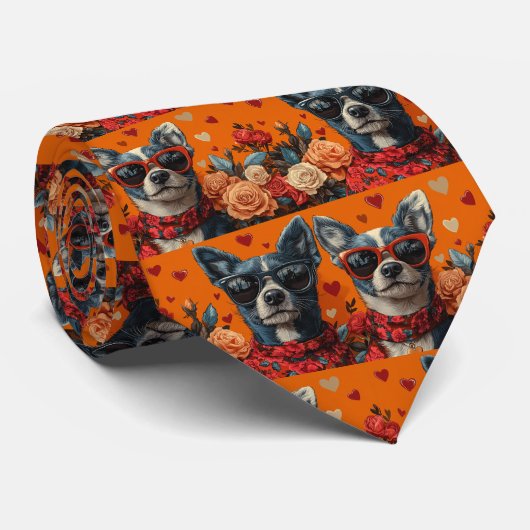 Blue Heeler Met Hartrozen Valentijnsdag Stropdas (Opgerold)