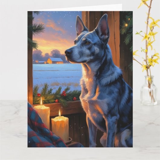 Blue Heeler met kerstverlichting Vakantie Kaart (Gele Bloem)