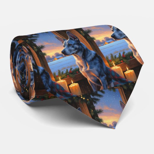 Blue Heeler Met Kerstverlichting Vakantie  Stropdas (Opgerold)
