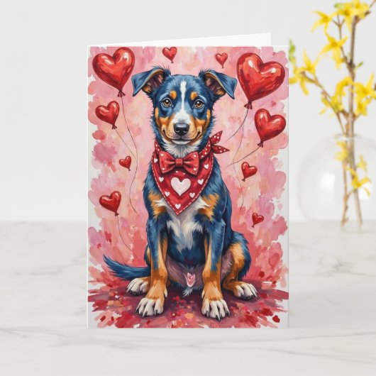 Blue Heeler Valentine’s Day Dog with Hearts Red Kaart (Gele Bloem)