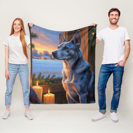 Blue Heeler With Christmas Lights Holiday Fleece Deken (In situ)