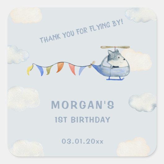 Blue Helicopter Schattige Wolf eerste verjaardag Vierkante Sticker (Voorkant)