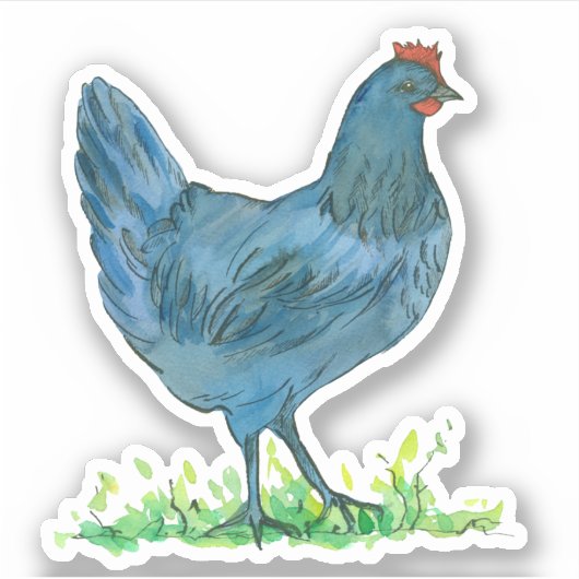 Blue Hen Chicken Waterverf Bird Vinyl Contour Sticker (Voorkant)